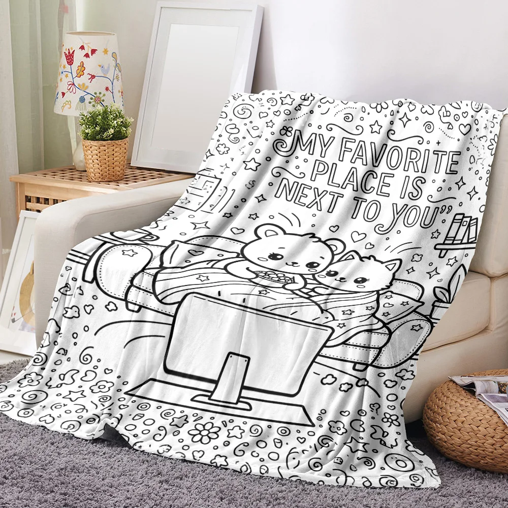 1PC blanket with cute bear and kitty prints-doodle your own colors. Great for travel, camping, living rooms, offices, sofas, cha