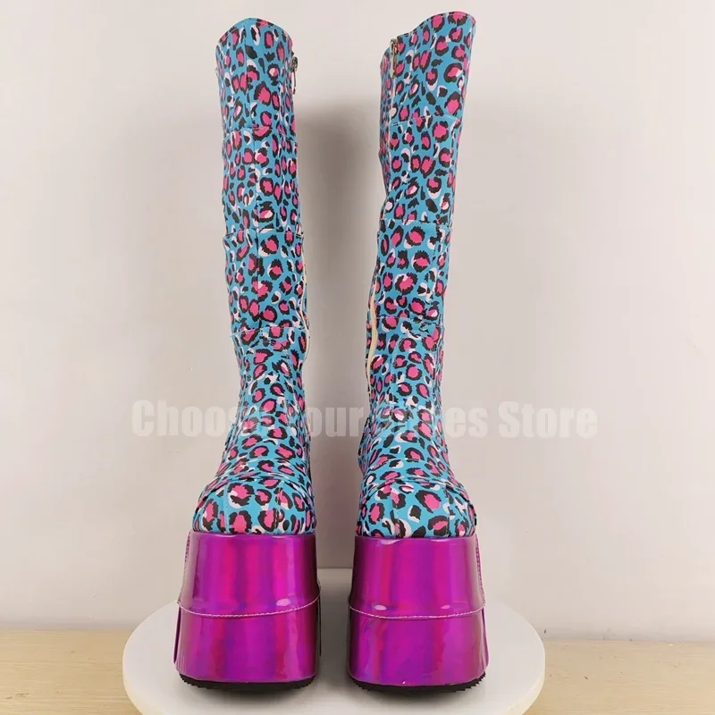 

Colorful Leopard Print Wedges Heel Platform Boots Side Zipper Women Shoes Round Toe Party Feast Dating 2025 Zapatos Para Mujere