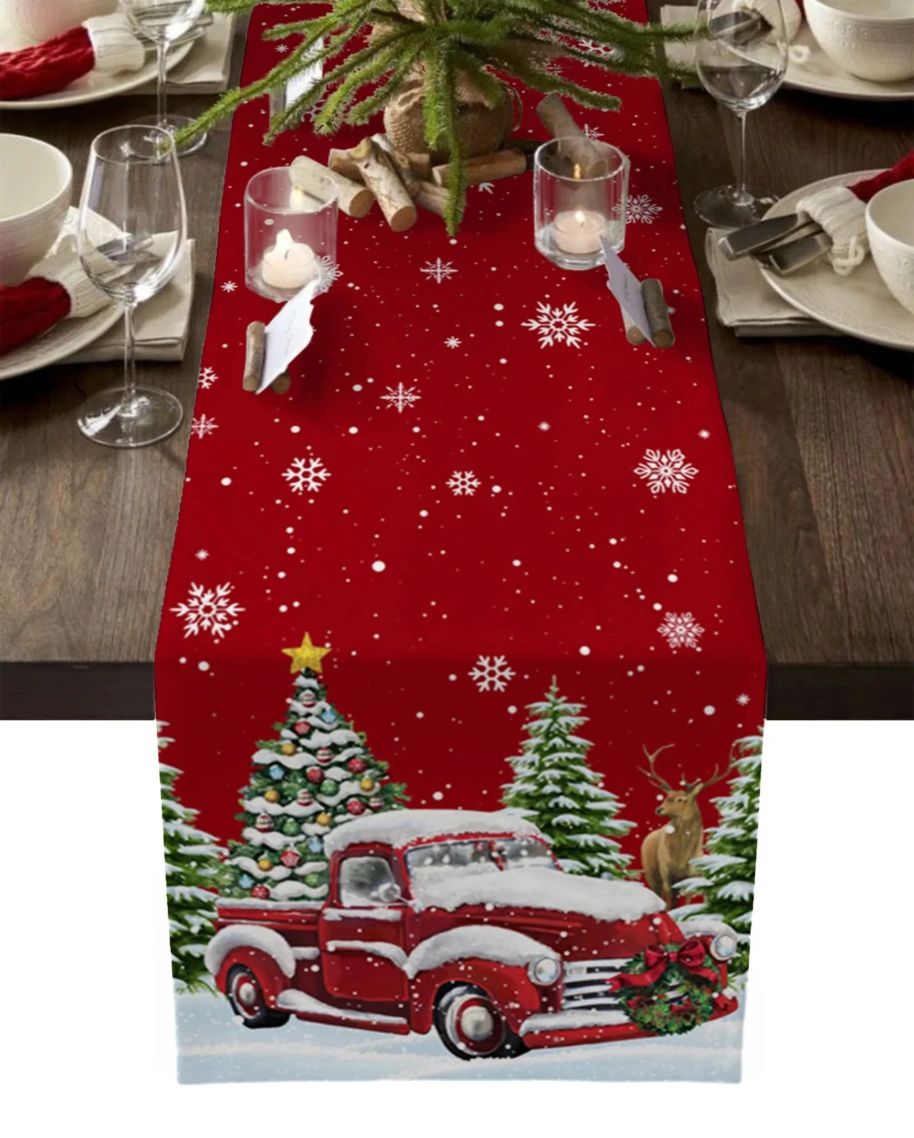 Christmas Red Truck Snowflakes Linen Table Runners Dresser Scarves Table Decor Winter Dining Table Runners Christmas Decorations