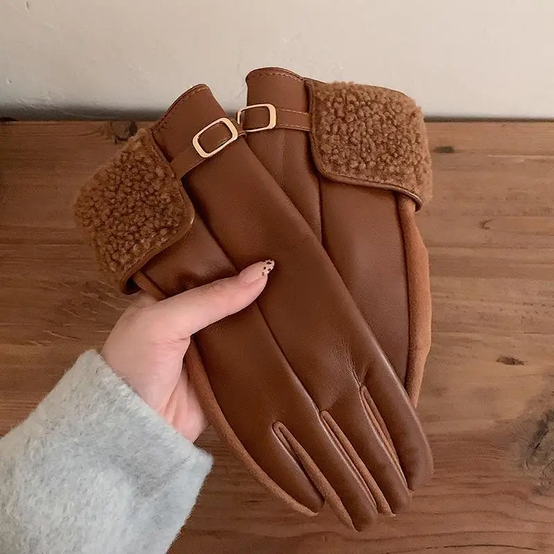 بو الجلود قفازات الشتاء الدافئة لامب الصوف قفازات شاشة لمس للنساء في الهواء الطلق ركوب يندبروف قفازات مقاومة للبرد #3