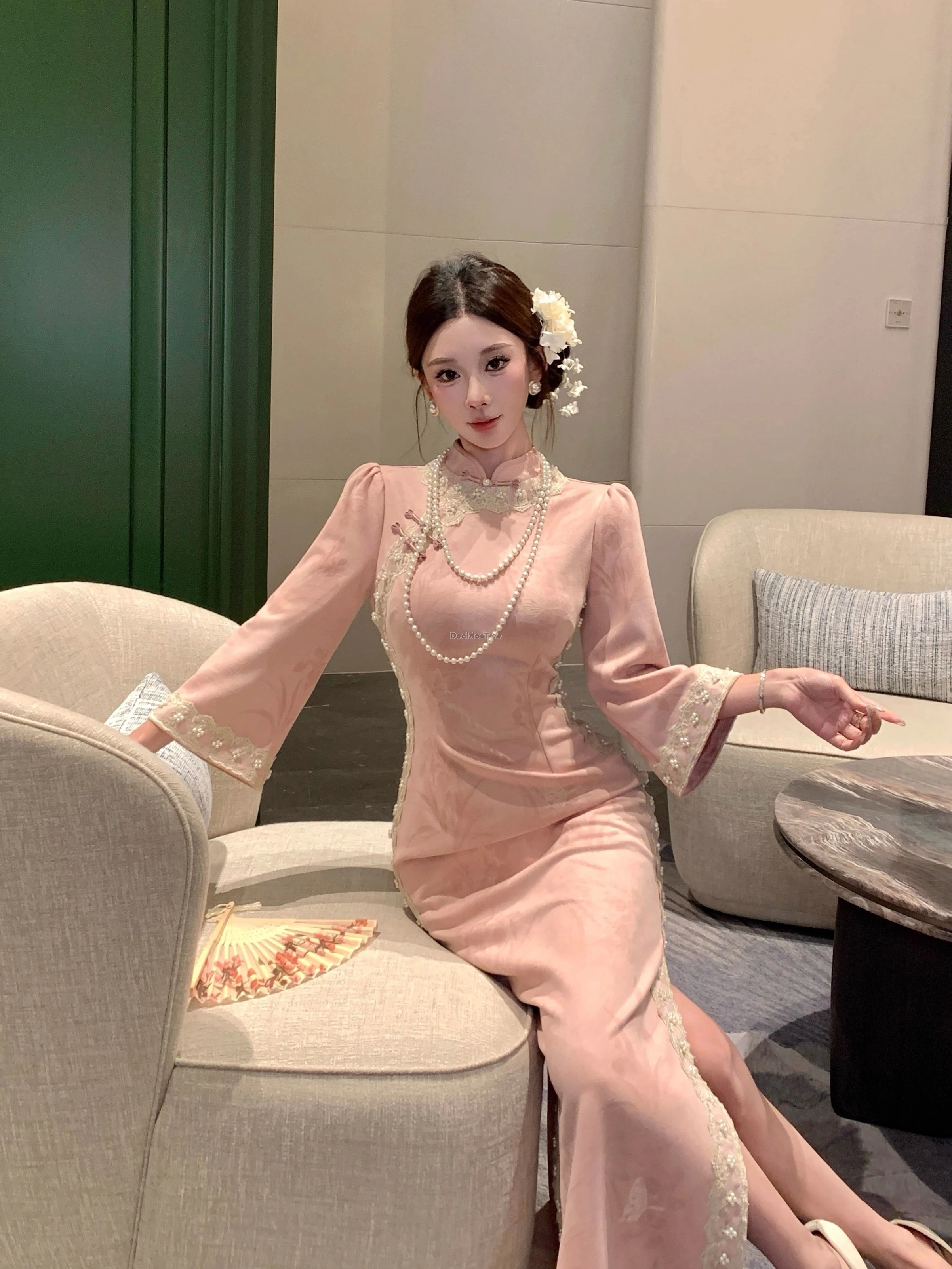 

2025 new chinese style autumn winter elegant lace improved cheongsam dress stand collar long sleeve slimming women long qipao