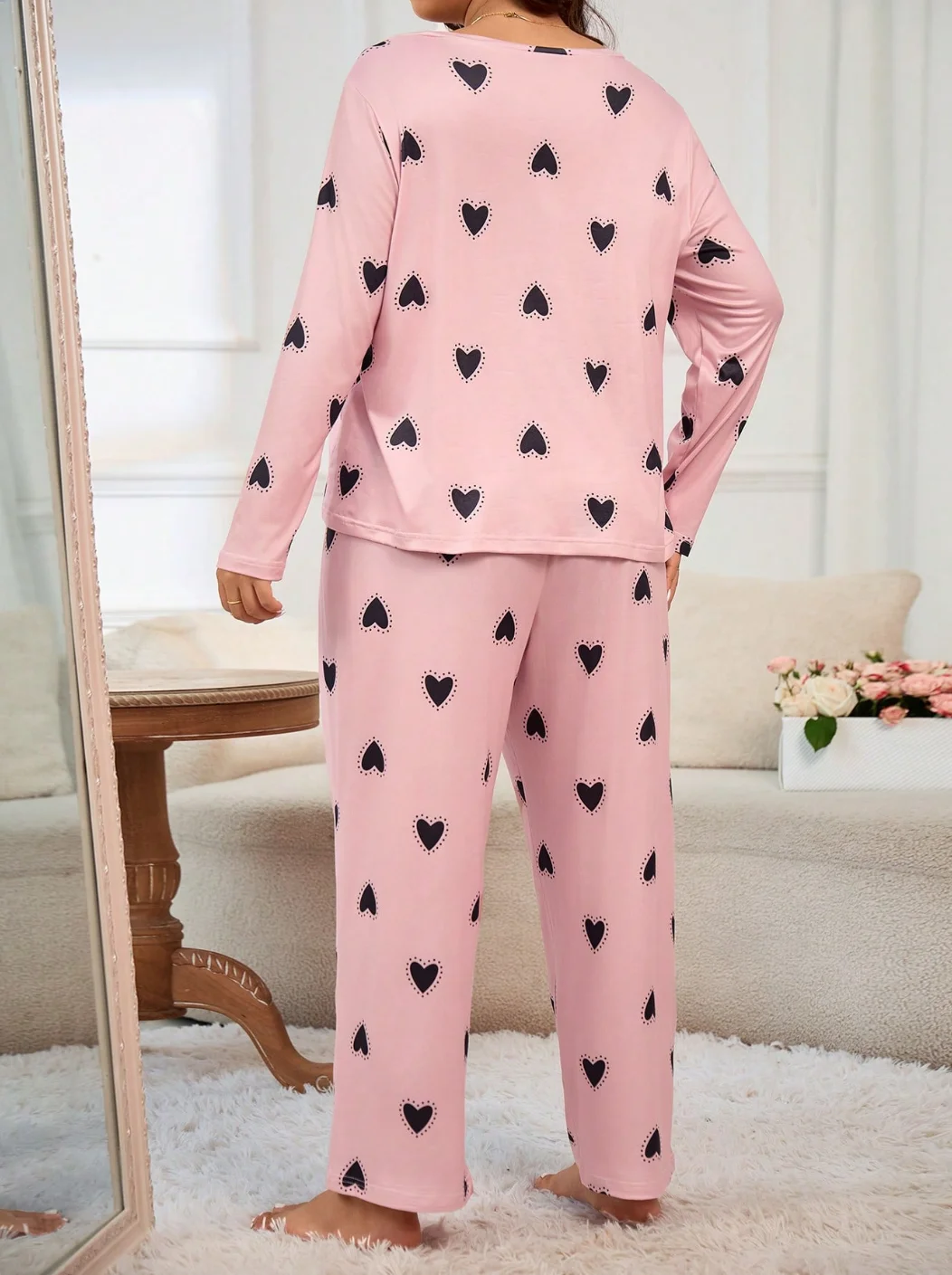 Plus-size ladies casual style Black love print pink long sleeve trousers pajamas set, suitable for home