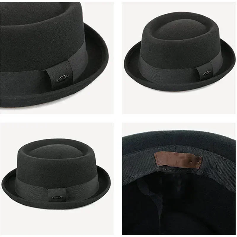 Vintage Pork Pie Hat Men Wide Brim Wool Felt Fedora Black Hat Mans Church Jazz Ribbon Trilby Panama Gangsters Caps Gentlemen