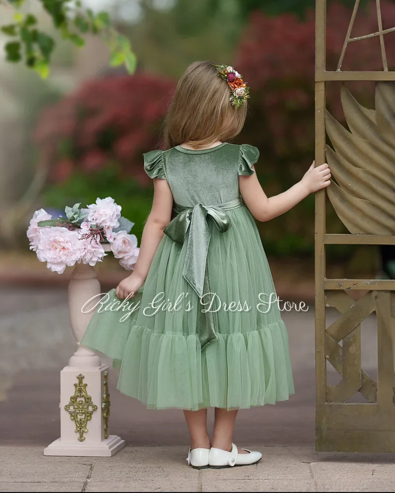 Sage Green Velvet And Tulle Flower Girl Dress With Sleeves Kids Wedding Party Dress Long Birthday Gown Custom Color 2026