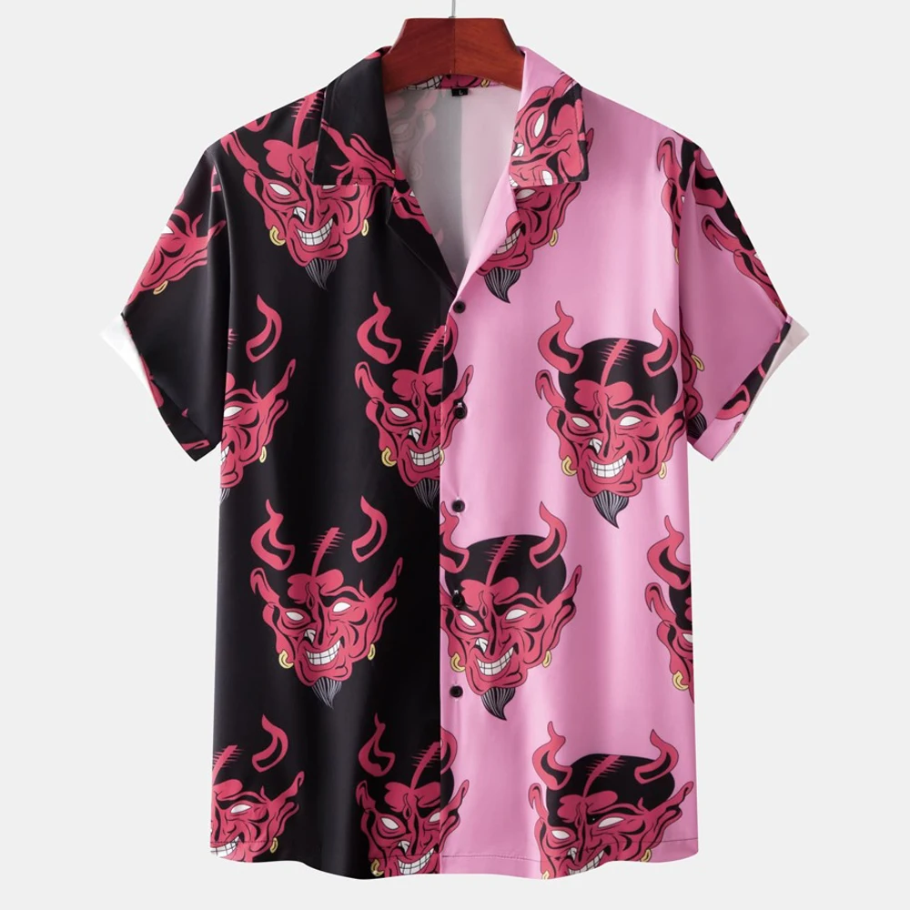 Camisa hawaiana para hombre con cuello cubano, camisa con estampado de diablo para hombre, ropa de calle a la moda, novedad de verano, Top de manga