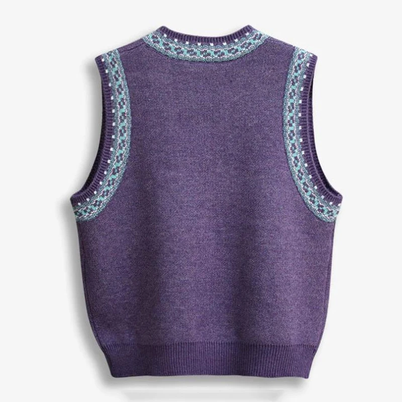 Vintage Purple Sleeveless Knit Pullover For Women Casual Loose Printed V-neck Korean Sweaters Vests Preppy Knitwear Waistcoats