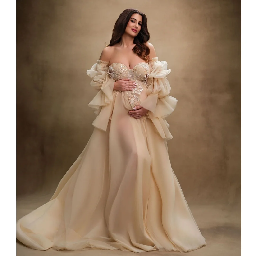 

Champagne Prom Dresses Tulle Sweetheart Maternity Photoshoot Dress Customized Lace Appliques Long Sleeved vestido de novia