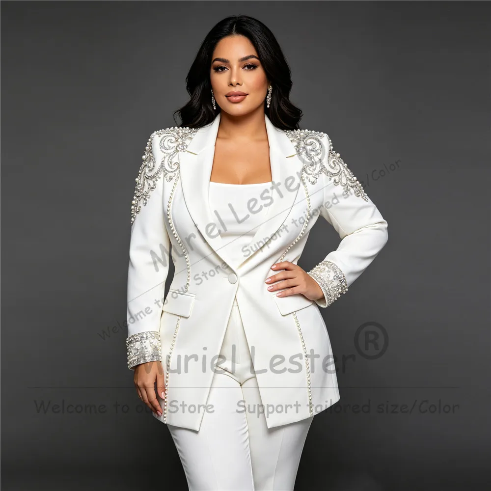 Handmade Women Suit or Wedding Crystals Beading Jacket Pants 2 Piece Sets Bride's Mother Dress Customized Lady Business Clothes view 2