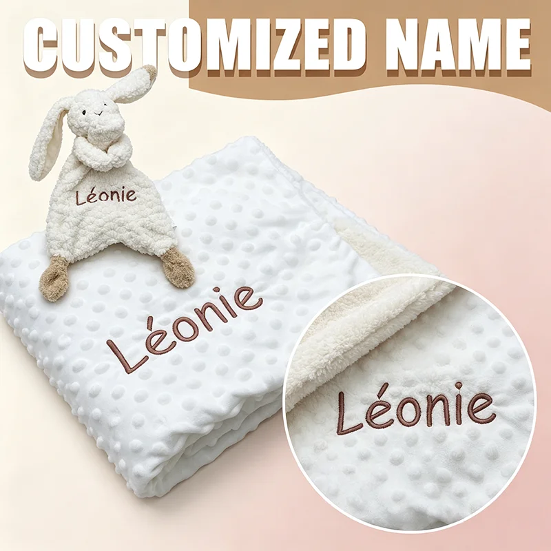 Custom Name Baby Blanket Personalized Baby Shower Gift Soft Minky Dot 2-in-1 Blanket & Rabbit Lovey Set for Boys Girls