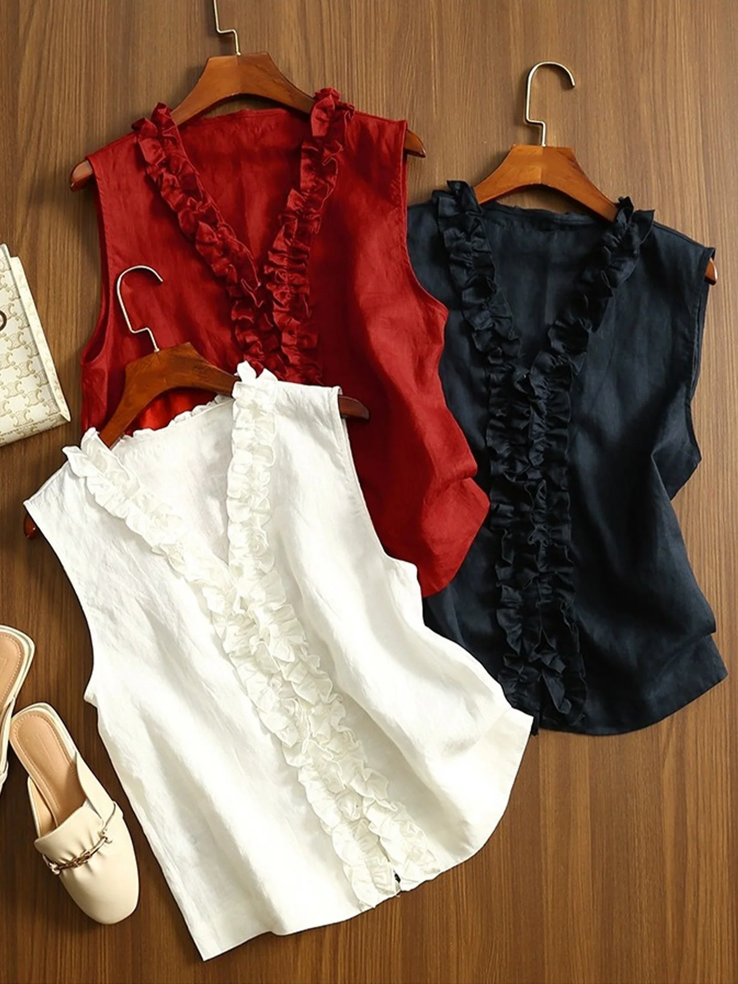 Unieke V-Ne Svel irt Dames Faion Retro Vest Pure Kleur Veelzijdige Zomer 2025, Sle Koreaanse Straight Cut Zijden Top