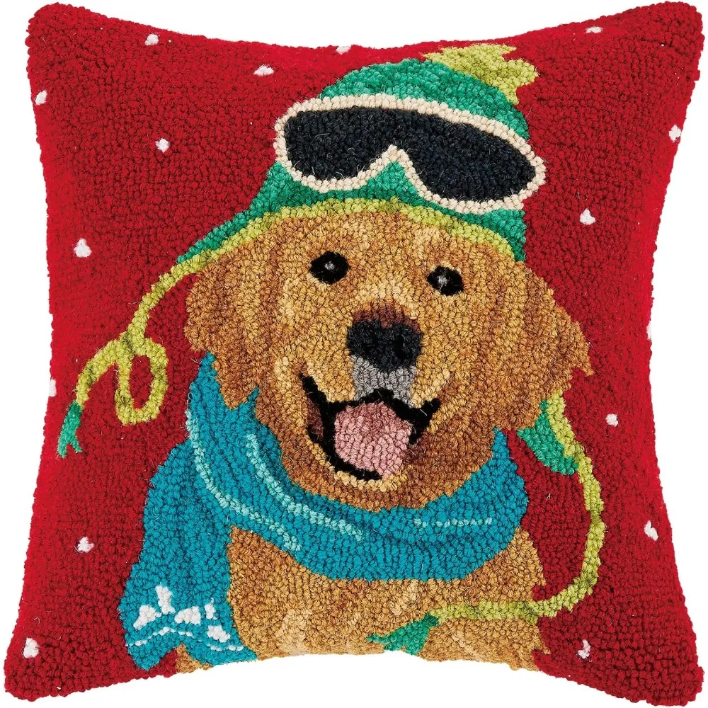 

Holiday Lab with Hat Christmas Polyfill Hook Throw Pillow, 16-inch Square, Wool and Velvet Back, Holiday Seasonal Decoration