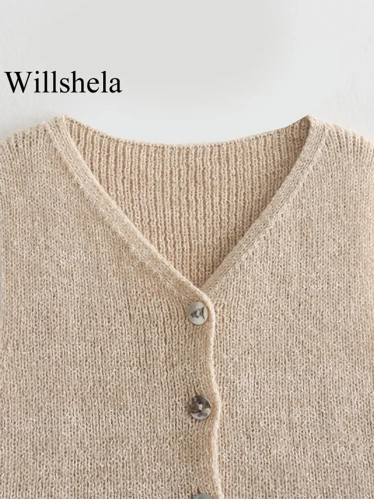 Willshela Women Fashion Beige Single Breasted Knitted Vest Tank Tops Vintage V-Neck Sleeveless Female Chic Lady Top