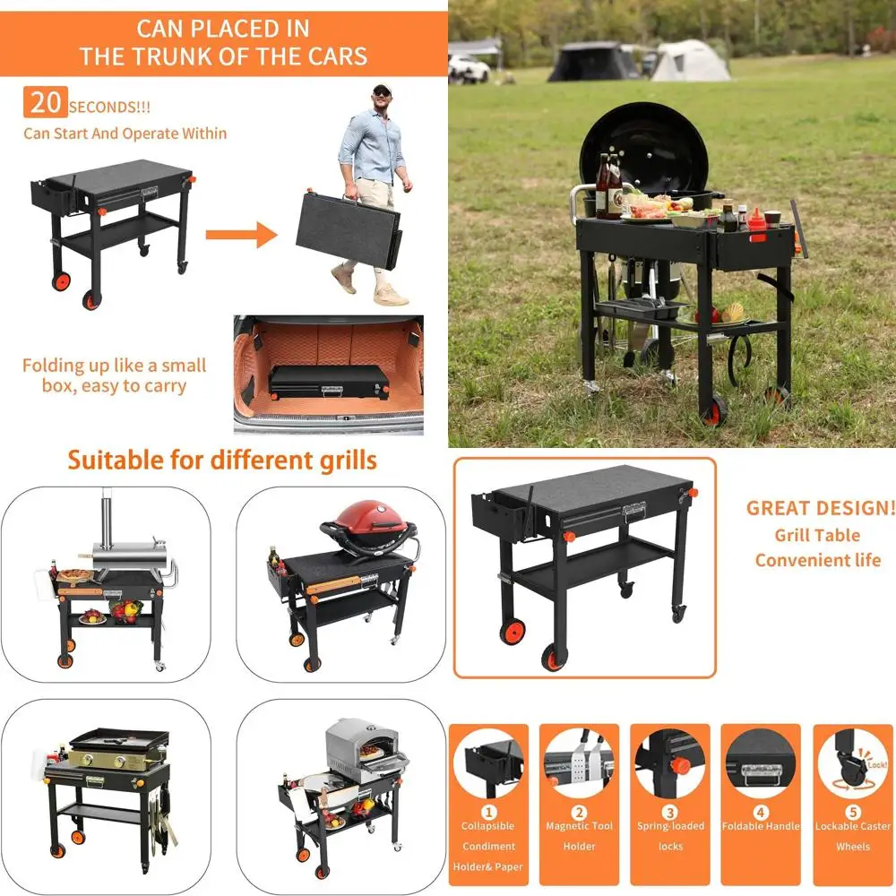 Soporte de plancha portátil para exteriores, carrito plegable para 22 o 17 parrillas, mesa de horno de pizza con ruedas para acampar, se adapta a Ninja y Weber Gr