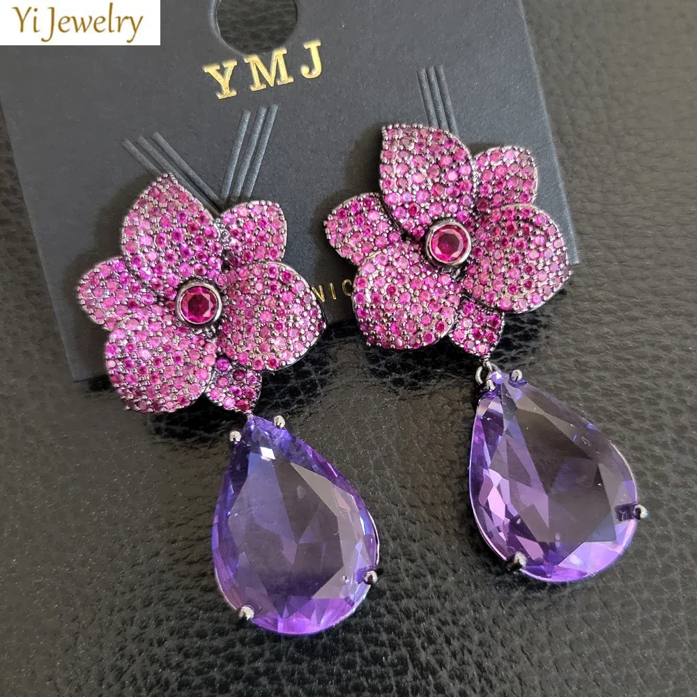 Luxury Earrings for Women Trendy Zircon Purple Flower Water Drop Dangling Earrings Wedding Bride Jewelry Gift Female