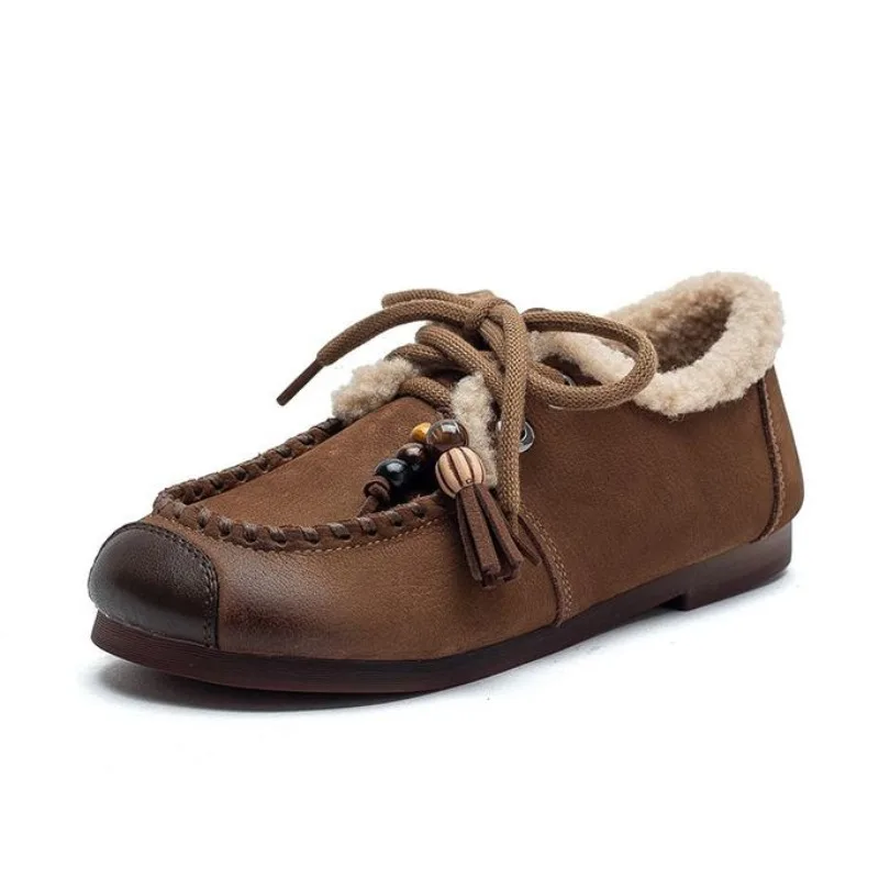 

Handmade Retro Women Winter Warm Shoes Literary Style Genuine Cow Leather Beaded Tassel Fluffy Fur Cotton Shoes