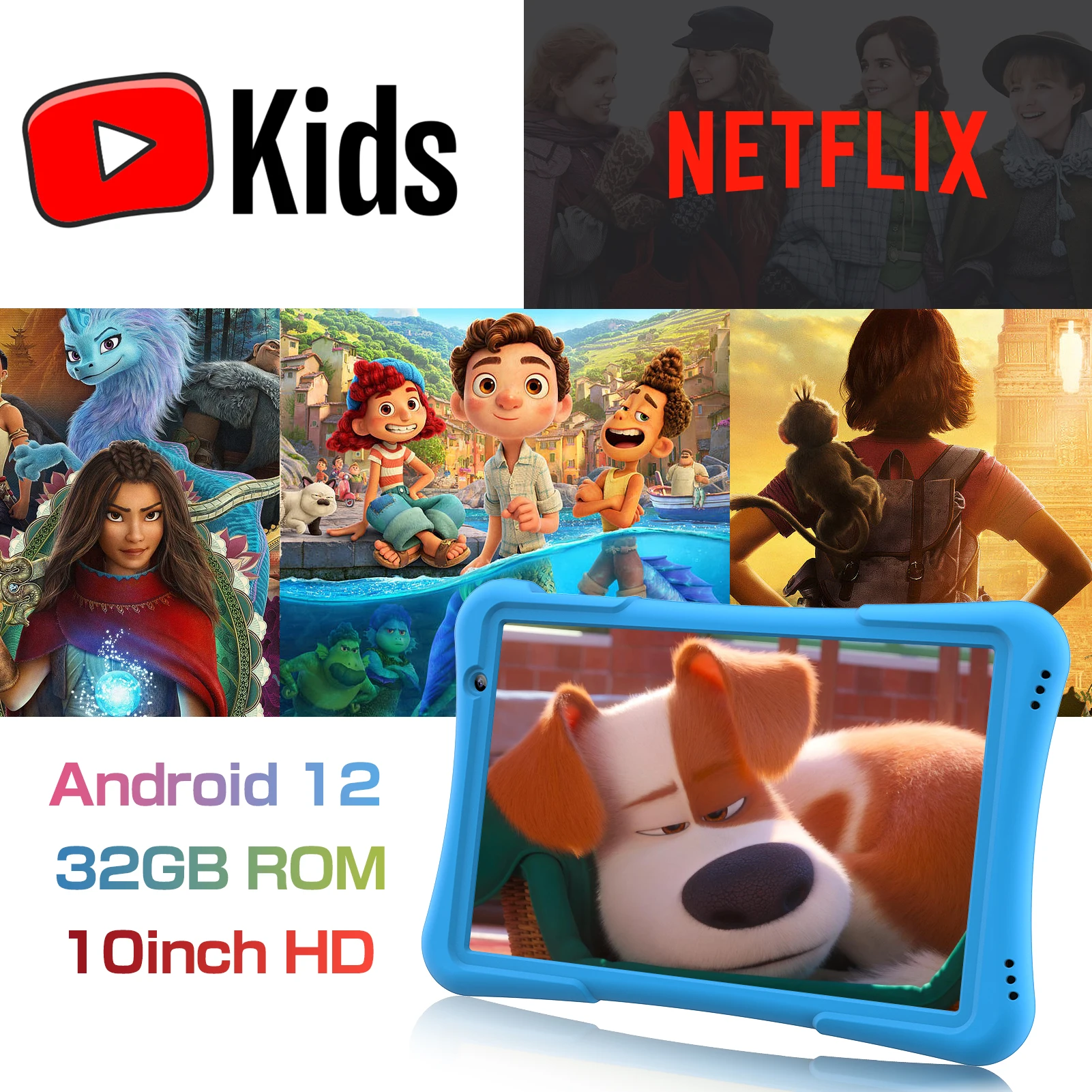 PRITOM Tablet infantil Android 12 de 10 polegadas 32 GB, Quad-Core, 6000 mAh, grande tela HD IPS, WiFi 6, câmera dupla, Bluetooth,