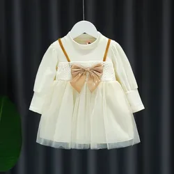 Spring Autumn Girl's Dress For Kids Girls Cotton Bow Long Sleeve Voile Dress New Foreign Style Korean Version Newborn Clothes