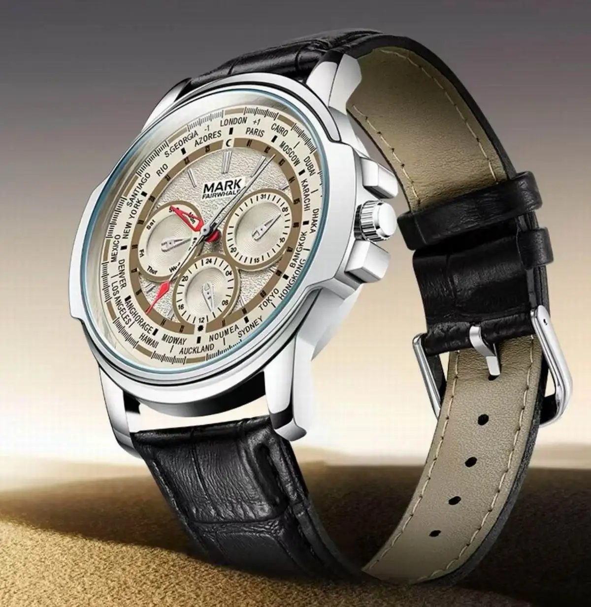 

Mark Fairwhale Luxury Quartz Movement Watch Alloy Case Glass Dial Window Leather Band Cross-Border Dropshipping 1 Year Warranty