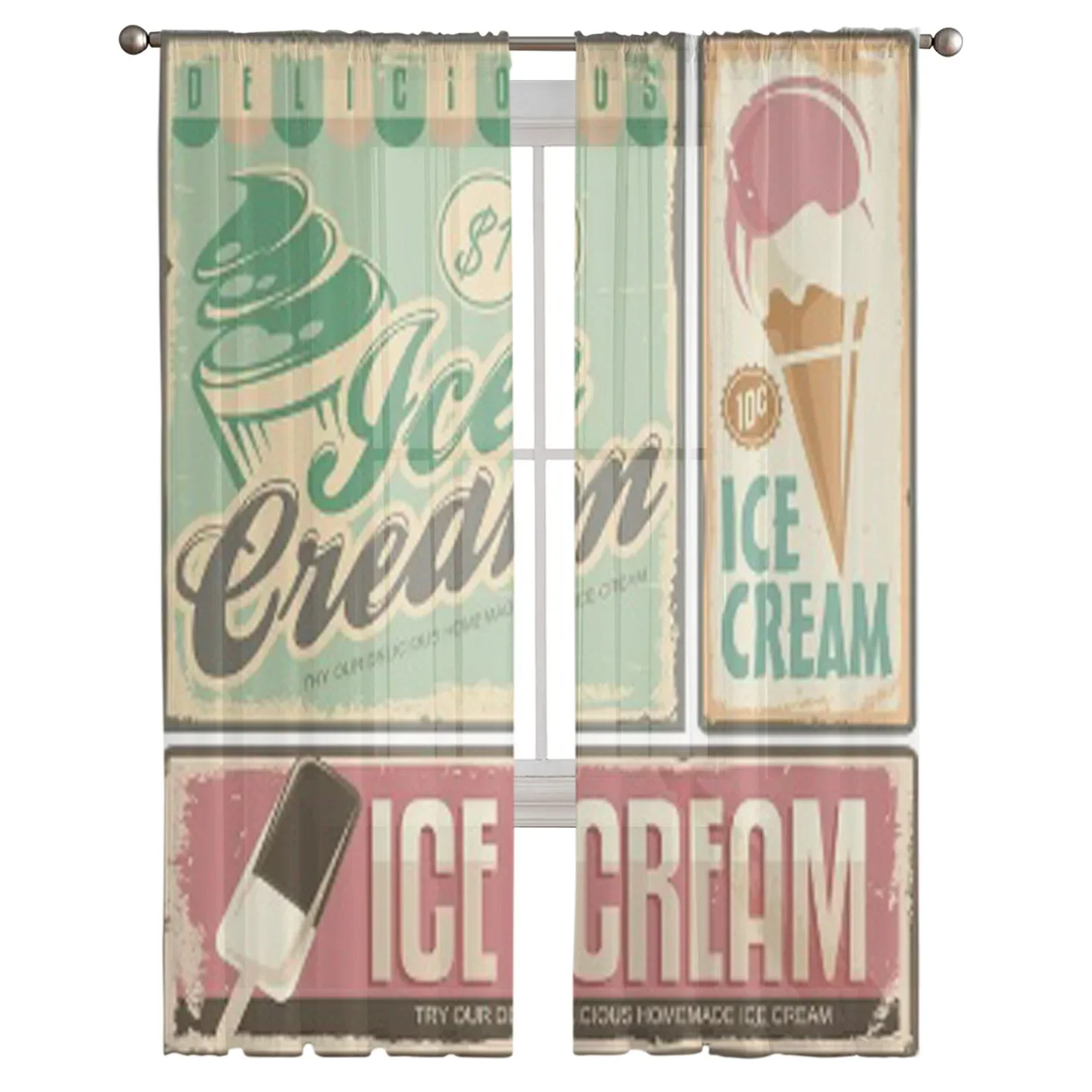 Imagem -02 - Ice Cream Sinais de Metal do Vintage Definir Bay Janela Triagem Cortinas Drapeja Sheer Tule para Sala Estar Quarto Voile Organza