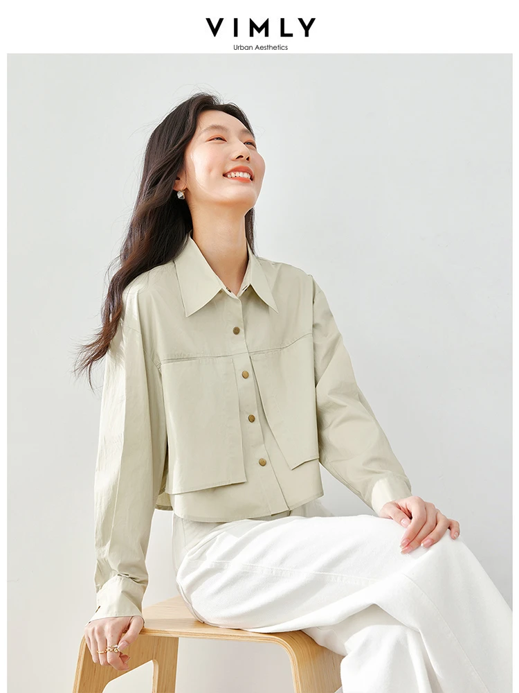 Vimly Short White Shirt Women 2024 Spring 100% Cotton Casual Lapel Button Down Shirts & Blouses Women Crop Tops Clothing M5076