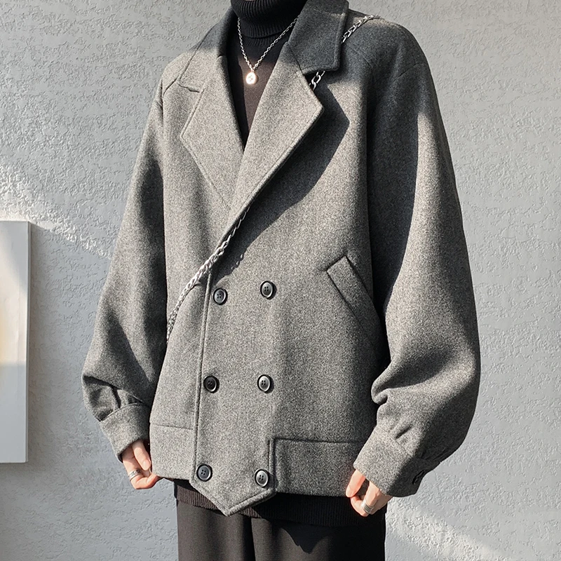 

Autumn Winter Youthful Vitality Woolen Coats Men Loose Casual Turn Down Collar Outwear Male Fashion Double Breasted Short Jacket