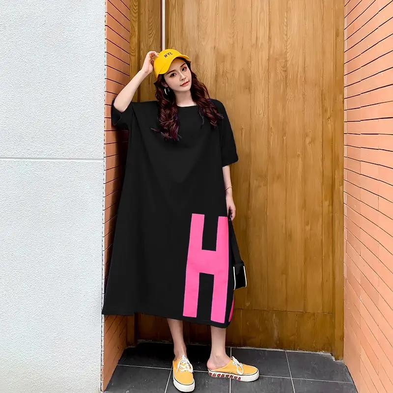 Dresses 2024 New Female Oversized Letter Tshirt Dress Summer Korean Loose O-neck Short Sleeve Pullover Casual Dresses Women\'s