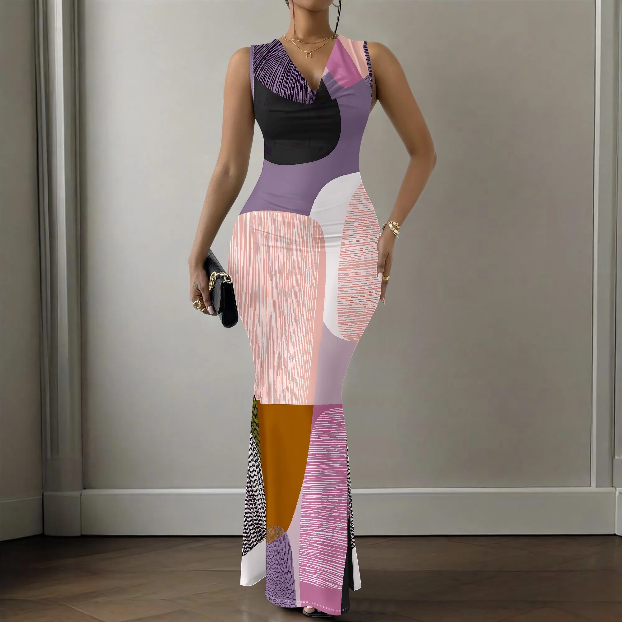 Abstract Print, Cowl Neck Mermaid Dress, Geometric Color Block, Sleeveless Bodycon Gown, Evening Party Club Wear, XS-2XL