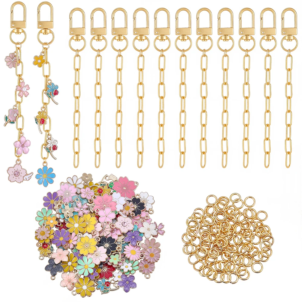 240Pcs Lip Gloss Keychain Making Kit DIY Bag Floral Charm Kit Enamel Colorful Aesthetic Spring Flower Charms with Jump Rings