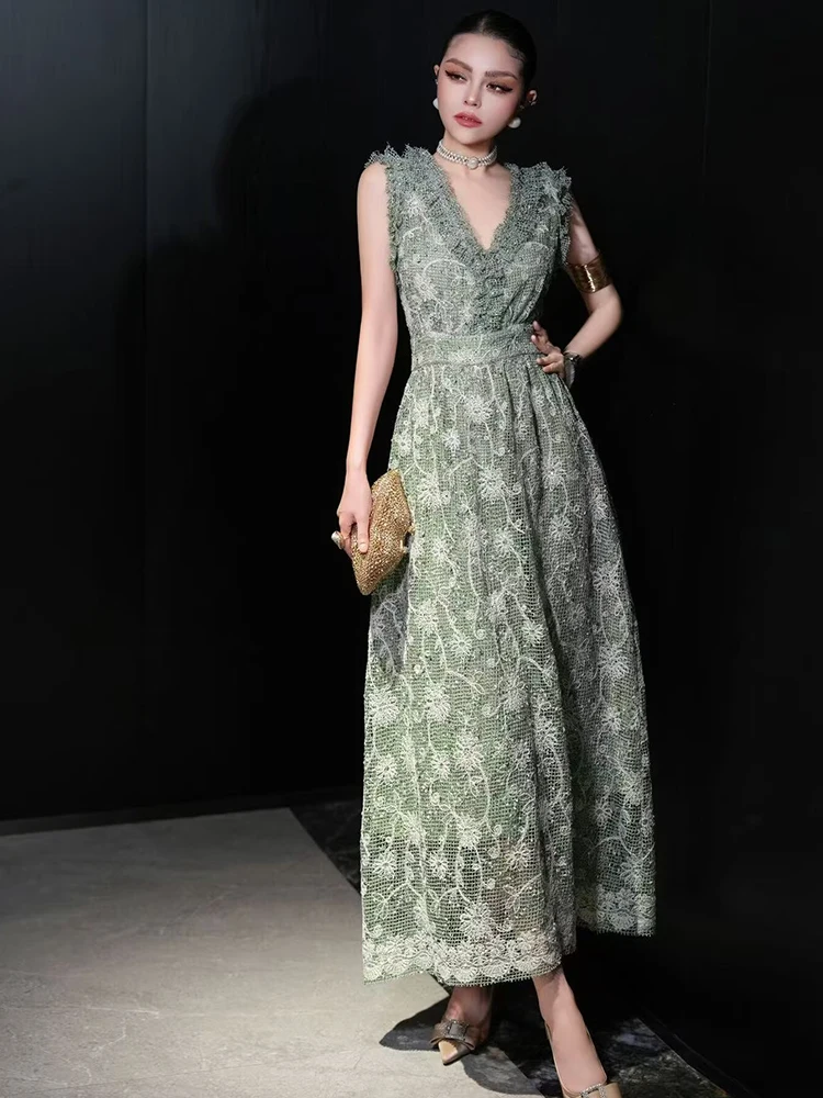 DSXDFACAIRIJ vrouwen V-hals Mouwloos Pailletten Borduren hol Jurk Vintage Party Lange Zomer Mode Vrouwelijke