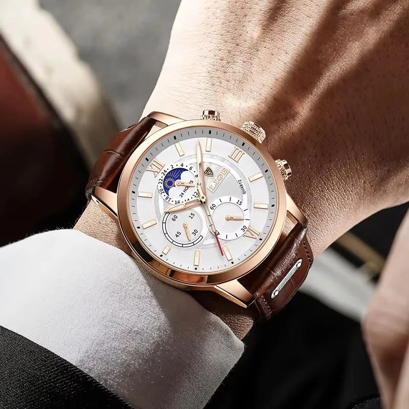 LIGE Jam Tangan Pria Jam Tangan Bisnis Kasual Jam Tangan Chronograph Bercahaya Tanggal Tahan Air Mewah Pria Jam Kuarsa Jam Kulit