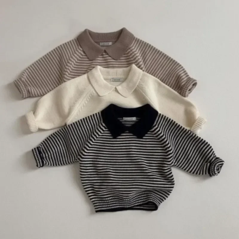 

Children Striped Sweater Autumn Turn-down Collar Pullover Sweater Boys Girls Cotton Loose Tops Spring Baby Soft Knitwear Clothes