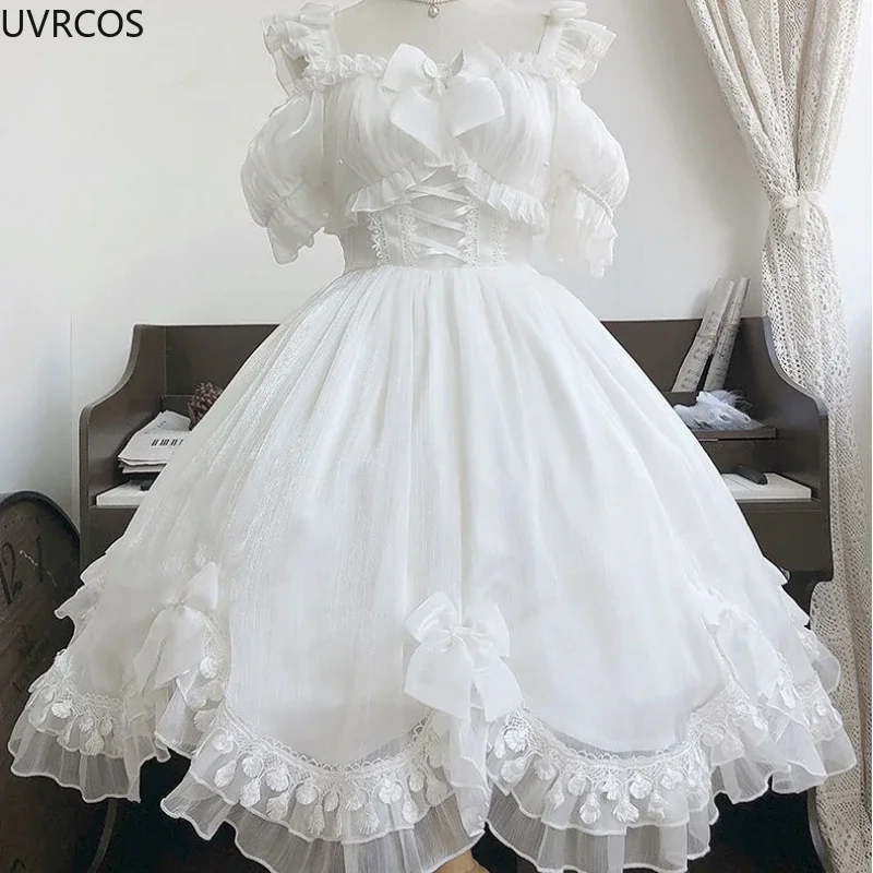 

Japanese Victorian Gothic Lolita Dress Women Black White Elegant Backless Fairy Dresses Girly Kawaii Sweet Cosplay Mini Vestidos