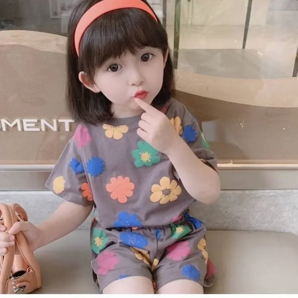 Baby Girls Flower Print Clothes Set Summer Crew Neck T-shirts and Shorts Suit Children Fashion Top Bottom 2pcs Outfits Tracksuit