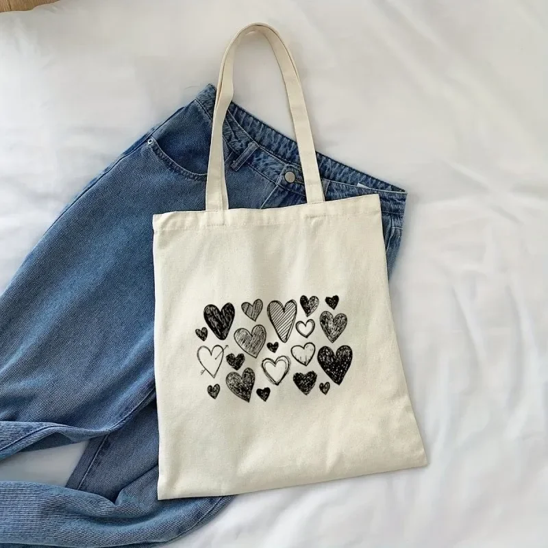 Sketch Hearts Tote Bag Black and White Heart Print Reusable Bag for Valentines Day and Everyday Carry