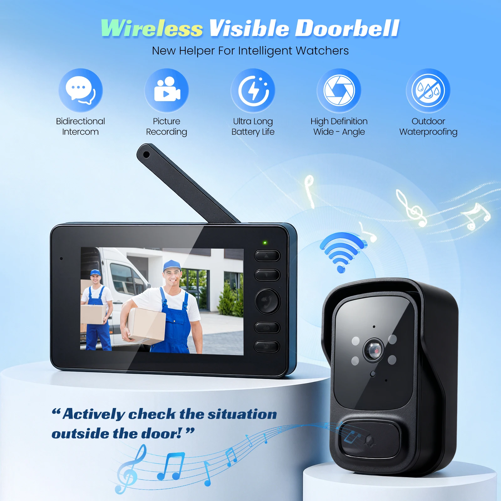 Sonnette Interphone Sans Fil HD Vision Nocturne Écran 4,3 pouces Étanche Caméra Visuelle de Sécurité Connectée pour Maison Intelligente par Bell