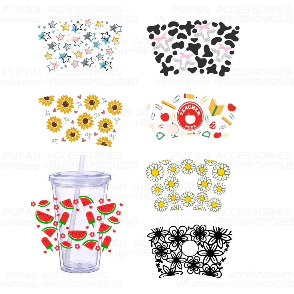 Easy Peel Cup Decals 24 oz UV DTF Wraps Flowers Design DIY Waterproof Custom Decals for Glasses Can