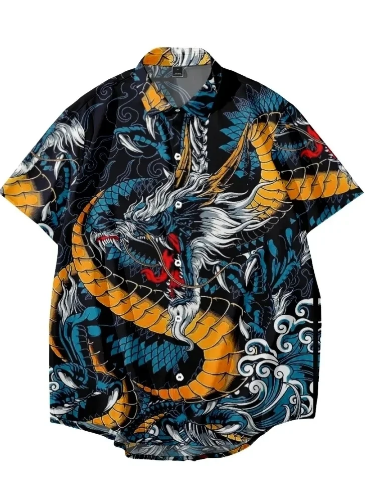 

New Year Dragon Hawaiian Casual Men's Short Sleeve Shirt Y2k Vintage Top Breathable Camisas Casuais Blouse Man Clothing Society