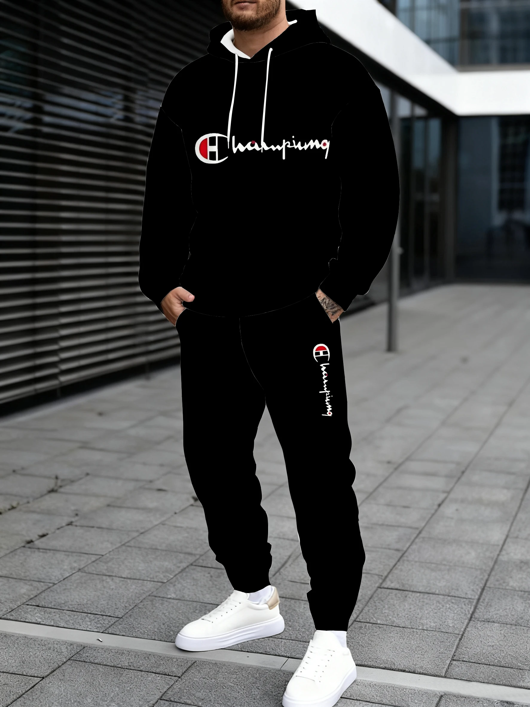 

A hooded sweatshirt paired with sweatpants printed with the words "Trendy Letters" creates a versatile style
