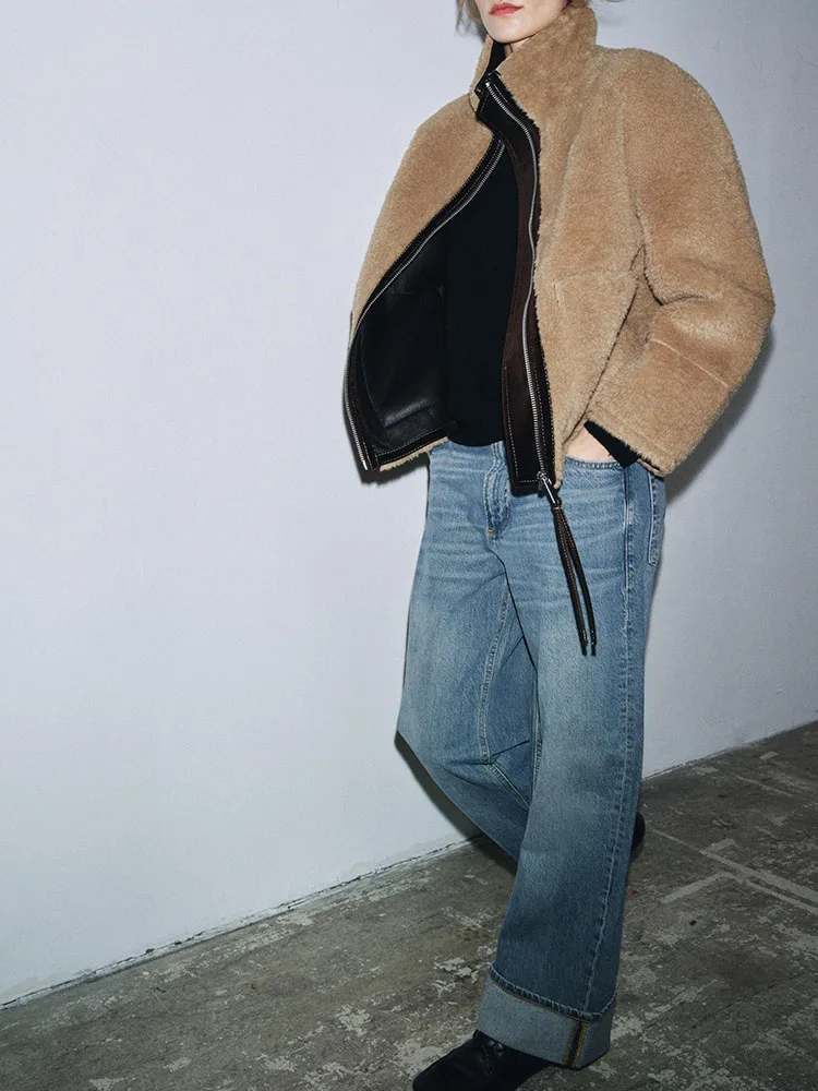 Faionable doble cara de cuero y piel Jaet Stand Collar All-Match elegancia nueva llegada ropa de abrigo ort para mujer 2025 otoño