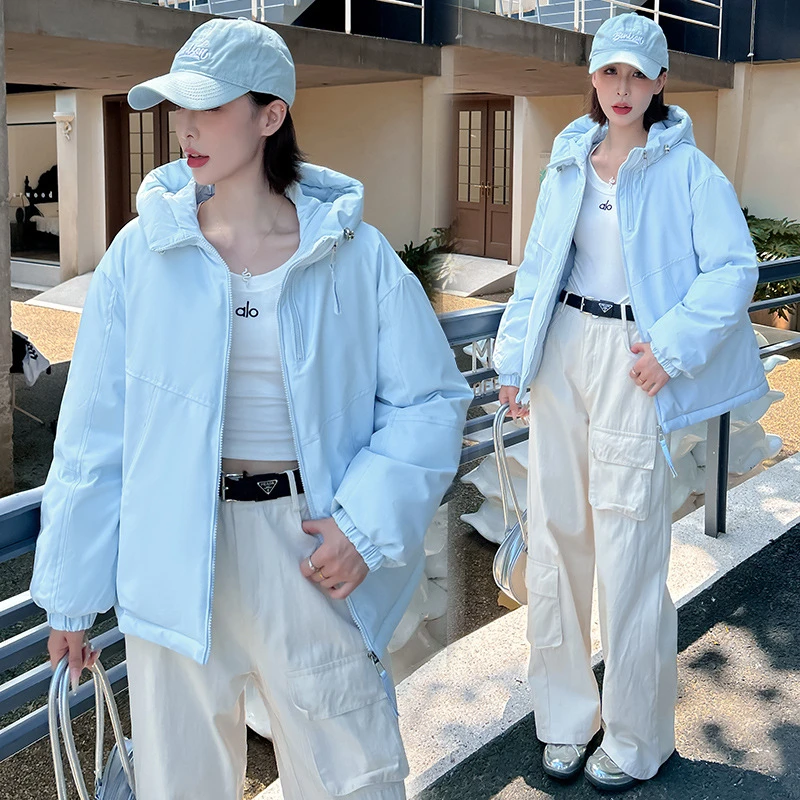 2025 패션 신상 다운 코튼 패딩 재킷 단색 가을 겨울 루즈핏 긴팔 포켓 후드 여성 숏 파카 코트