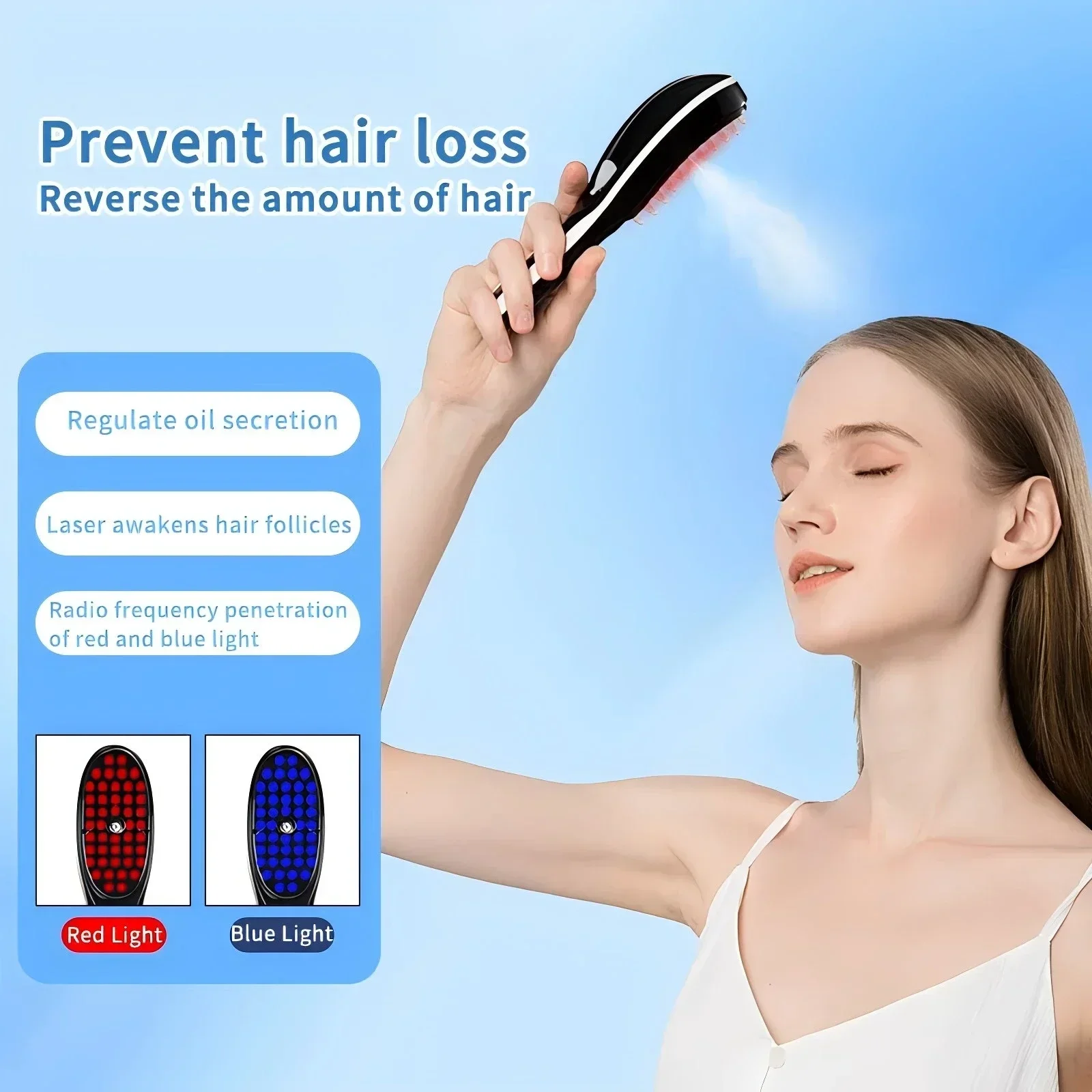 สเปรย์ไฟฟ้านวดหวีสีฟ้าสีแดง Light Therapy หัวนวดหวี Anti Hair Loss Anion สเปรย์ Hair Growth แปรงความเครียดบรรเทา