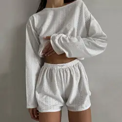 Women's Pajamas Set Spring Long Sleeve Tops Shorts Sleepwear 2 Piece Set Loose Round Neck Home Wear Lounge Wear Pajama Female