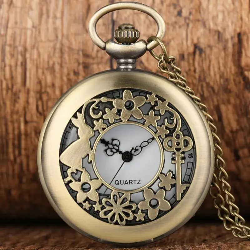 Antique Hollow Out Pocket Watch Bronze Rabbit Key Flowers Cover Men Women Quartz Clock Arabic Number with Sweater Chain Gift