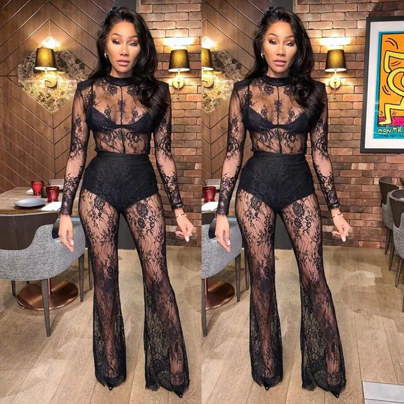 Summer Women's Clothing Sexy Lace See Through Jumpsuit For Woman Full Body Overalls Female Cheap Clothes Polyester Bodysuit