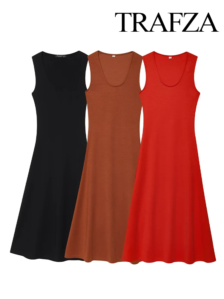 

TRAFZA Women's Summer Fashion Double-Sided Cloth Slim Midi Dress Female Simple Temperature Round Neck Sleeveless 3-Color Dress