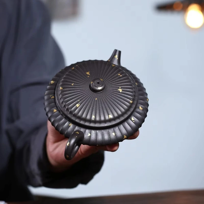Tetera de arcilla púrpura Vintage de 280ml hecha a mano, bote plano Virtual de oro, mineral crudo, Material negro, hervid