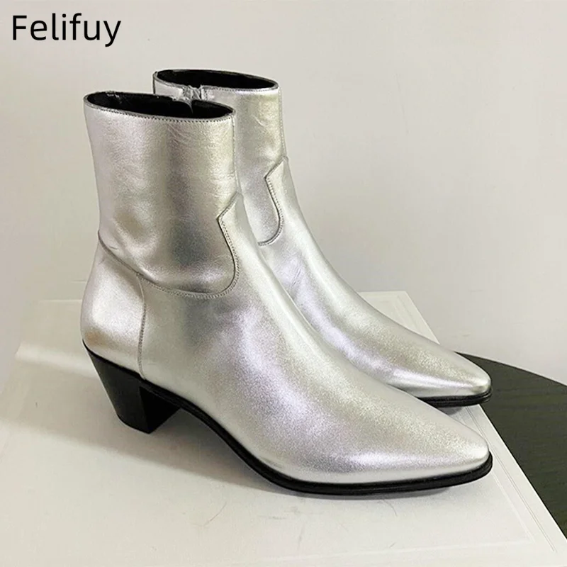 Silver Chelsea Boots Men's High Top Genuine Leather Shoes Men Zipper Boot Pointed Ankle Boots Men's Motorcycle Chunky Heel Shoes