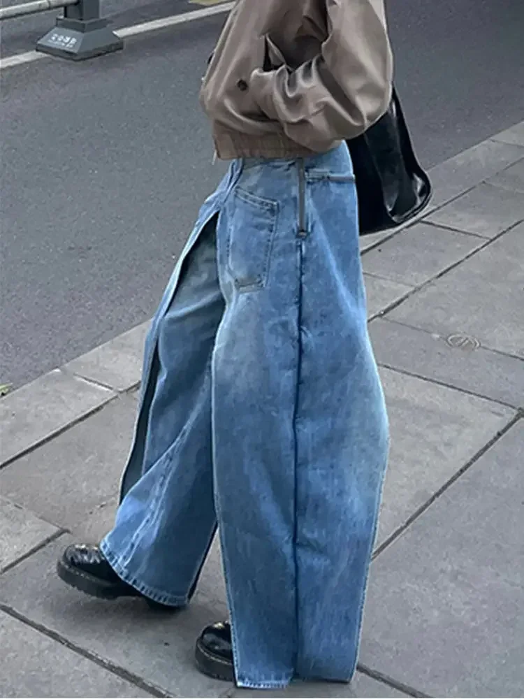 Autumn And Winter Jeans High Street Large Size Vintage Reversible Deconstruction Vibe Wide Leg Full Length Pants