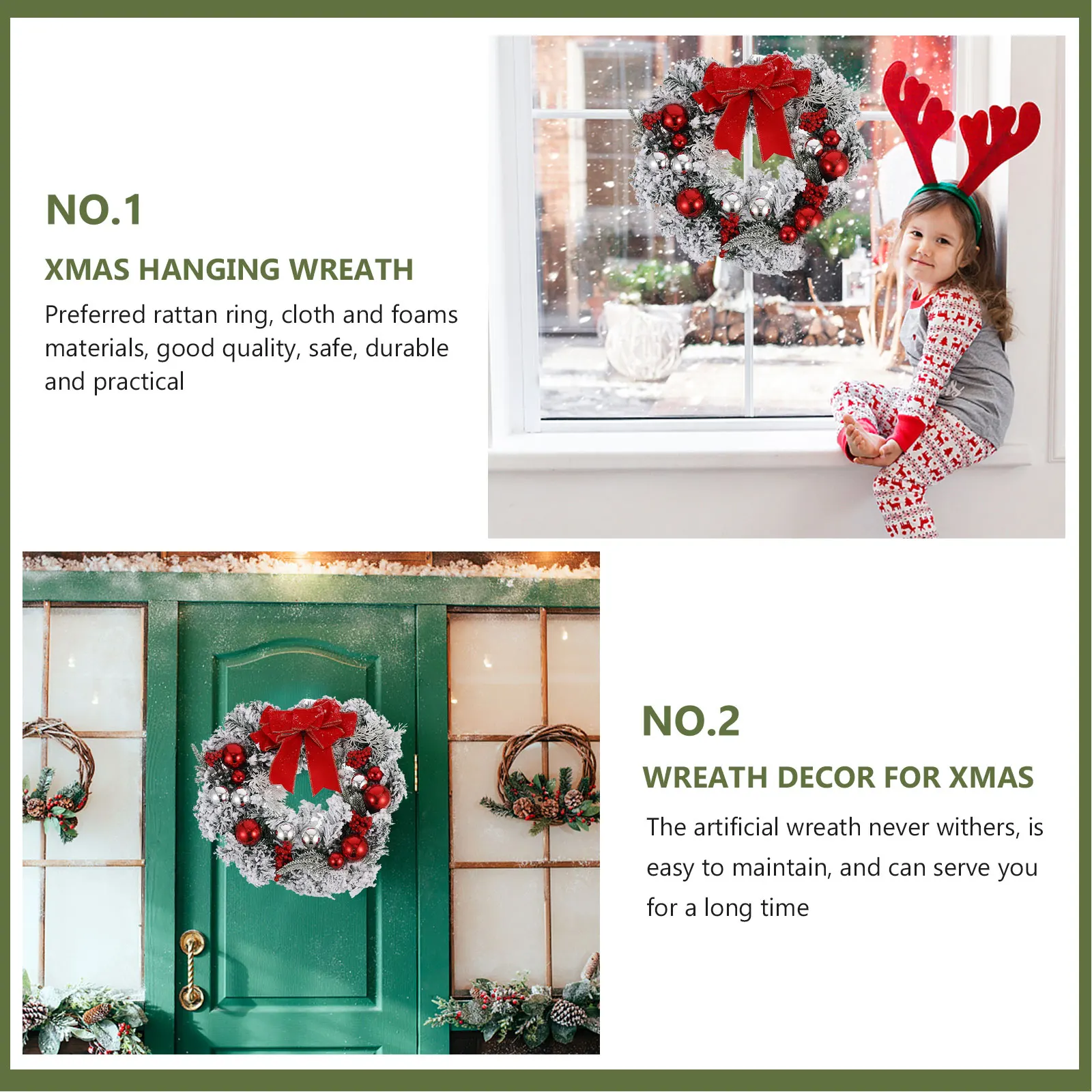 

1pc 35cm Red Artificial Wreath Christmas Garland Decoration Festive Door Adornment Holiday Wall Pendant Home DIY Ornament