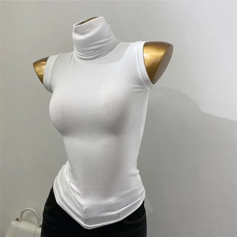 Damen Tanktop mit hohem Kragen, ärmellos, figurbetont, dehnbar, durchscheinend, atmungsaktiv, leicht, Coquette Y2K, lässig, Party, Layering, Basisschicht – Detail 4